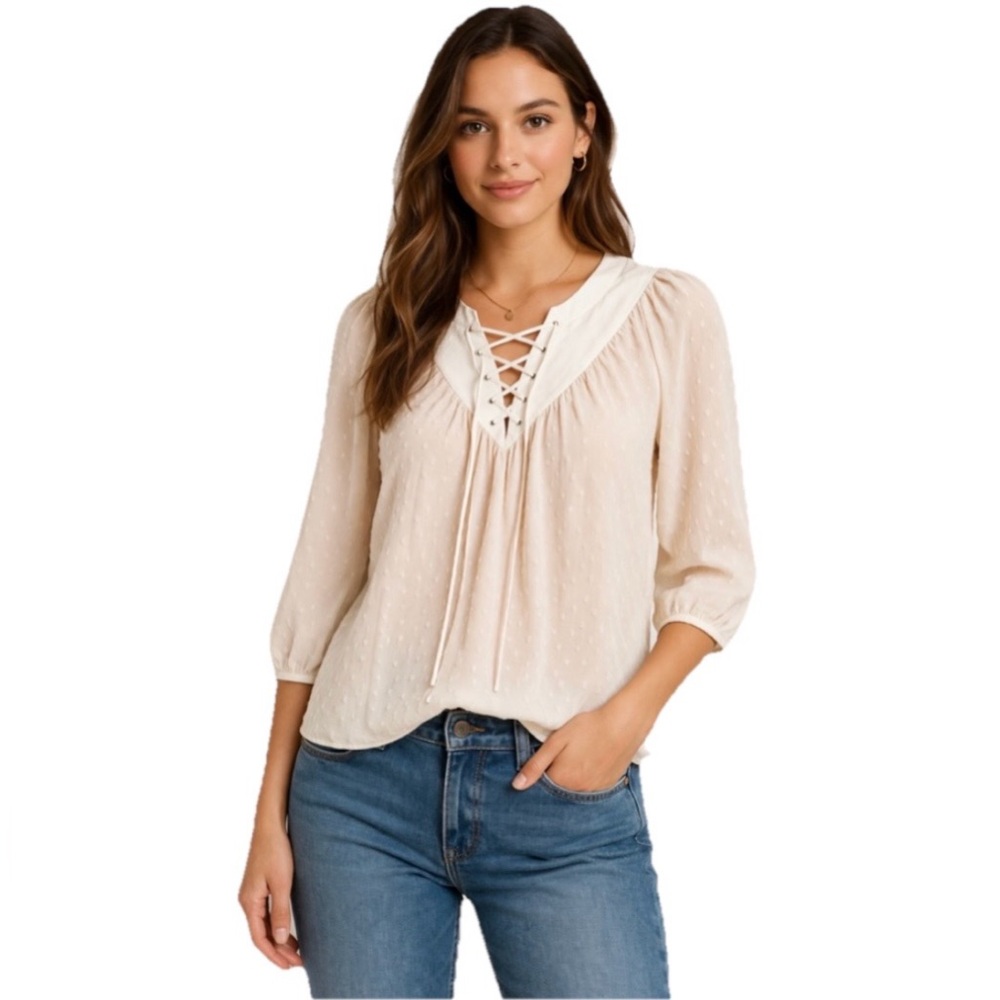 Joie Women’s Cream & White Lace-Up Front 3/4 Sleeve Blouse Size Small